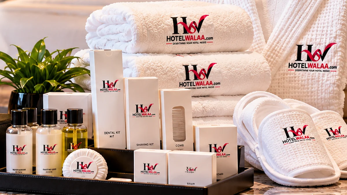Hotelwalaa brochure collection with towels and a bathrobe above guest amenities and a room organizer tray